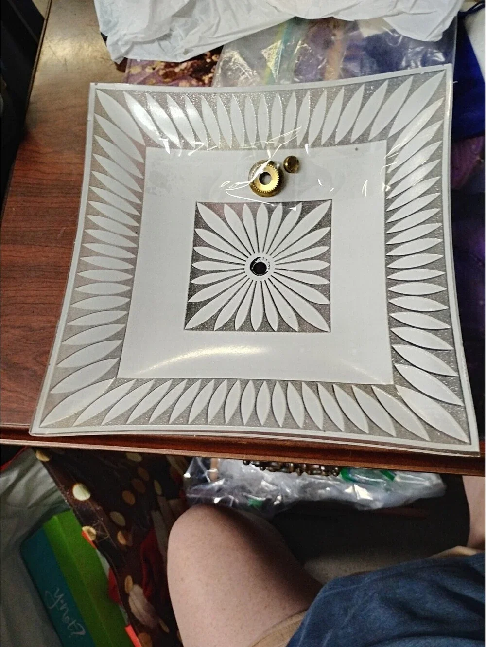 Vtg Square White/Clear Glass Daisy Ceiling Light Shade 13 3/4”